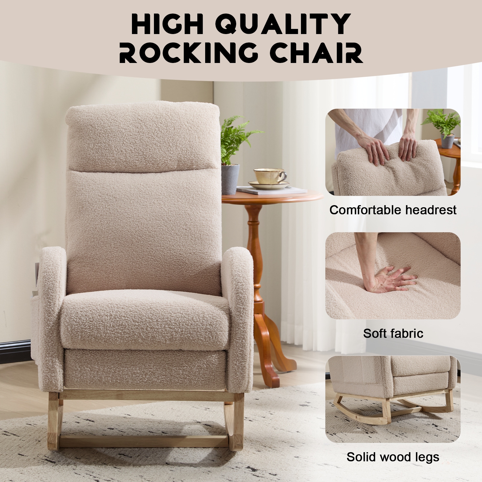 Modern Accent Rocking Chair Rocking Chair With Solid Wood Legs, Upholstered Nursery Glider Rocker, Comfy Armchair With Side Pocket, Living Room Lounge Arm Chair With High Backrest (Beige,teddy)_voghion.com